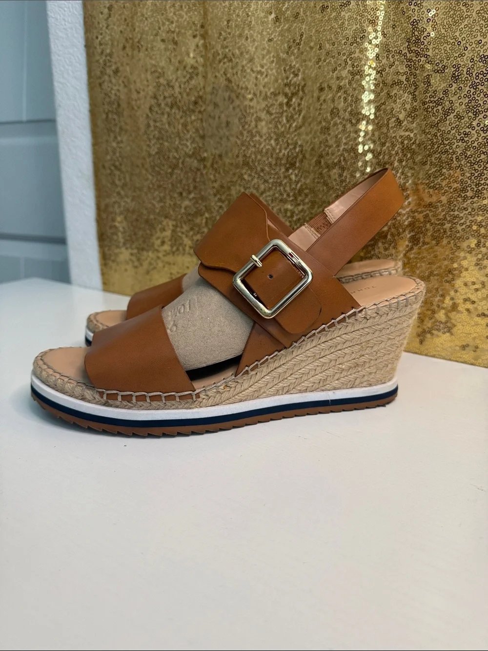 Tommy Hilfiger Cognac Leather Espadrille Wedge Sandals